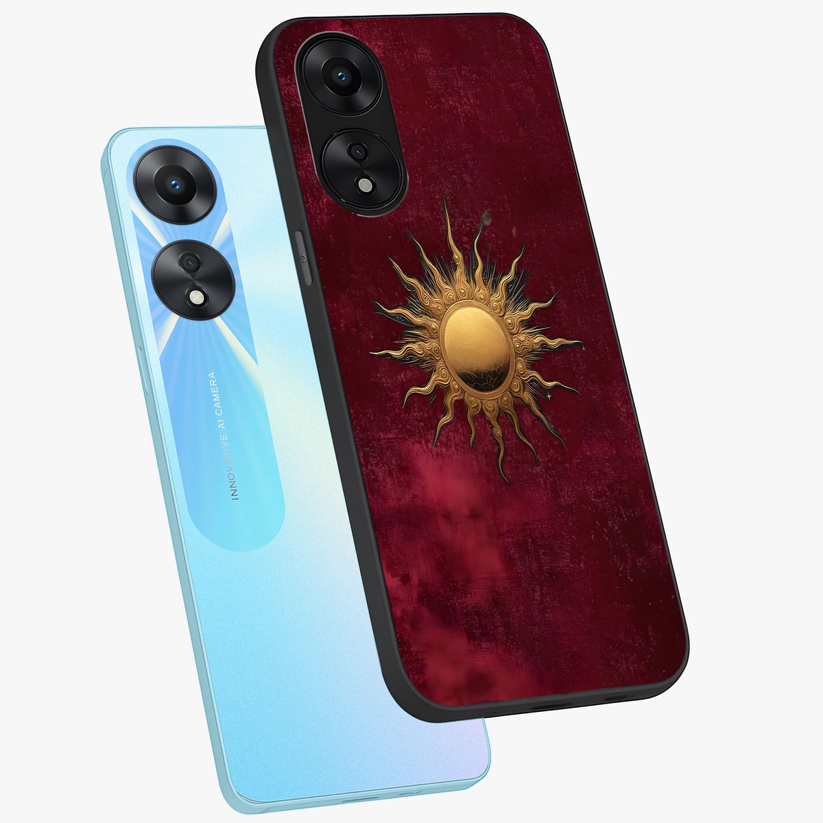 Golden Sun Minimalism Glass Case displayed in angled mockup highlighting clean sun symbol design with modern minimal aesthetic.
