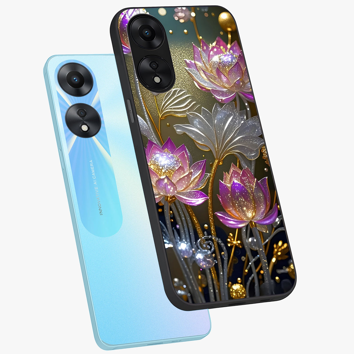 Golden Floral Majesty Glass Case displayed in angled mockup highlighting elegant flower design with royal golden aesthetic.