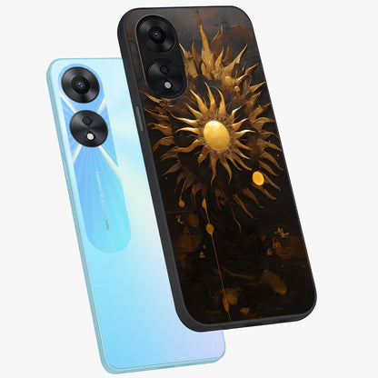 Golden Sun Majesty Glass Case displayed in angled mockup highlighting eerie shadow illustration with gothic aesthetic.