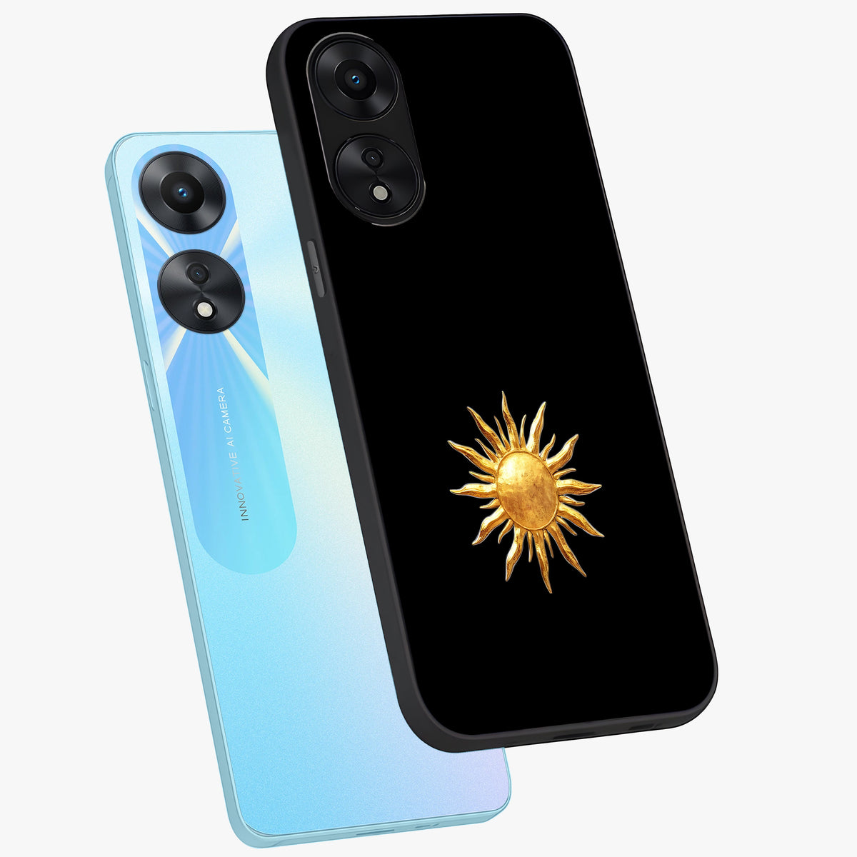 Golden Sun Minimalism Glass Case displayed in angled mockup highlighting eerie shadow illustration with gothic aesthetic.