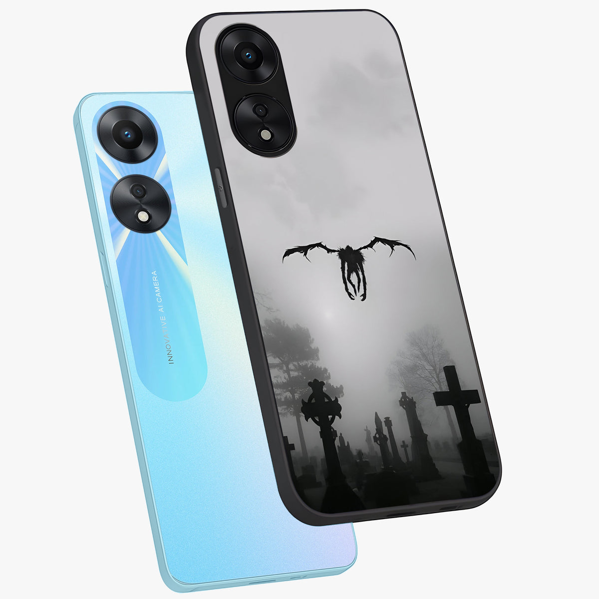 Graveyard Shadow Descent Glass Case displayed in angled mockup highlighting eerie shadow illustration with gothic aesthetic.