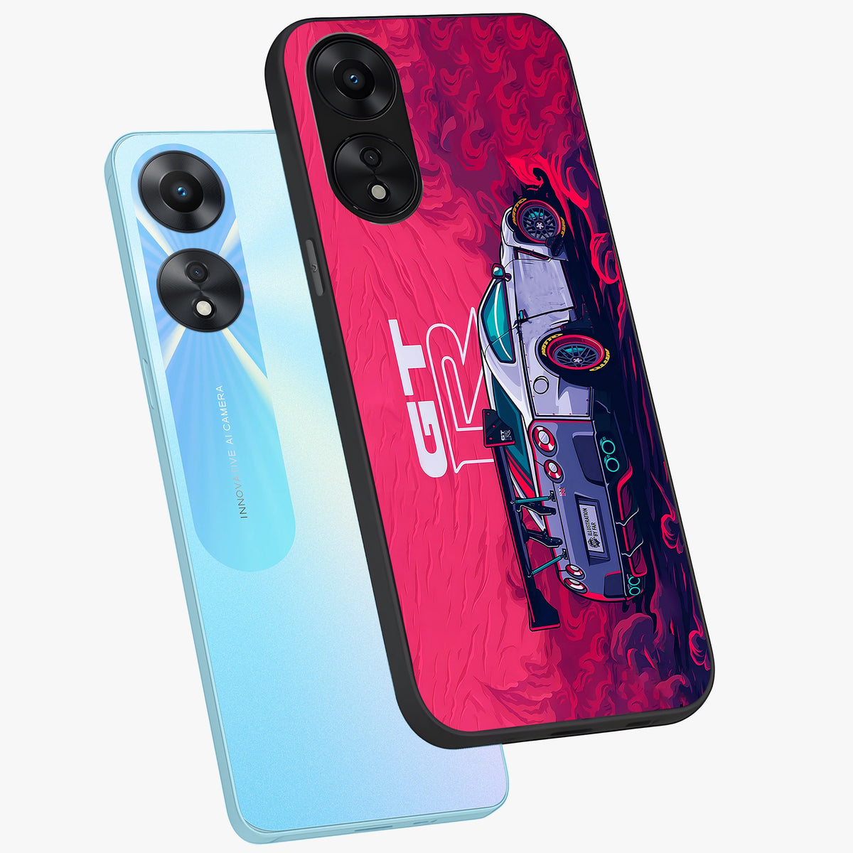 GT-R Car Pattern Glass Case displayed in angled mockup highlighting racing car graphic design with bold automotive aesthetic.