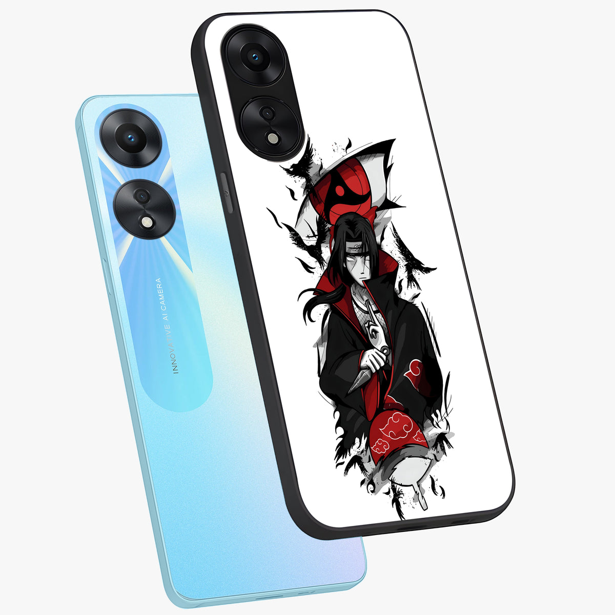 Itachi Limited Edition Naruto Anime Glass Case displayed in angled mockup highlighting dramatic anime illustration with bold action aesthetic.