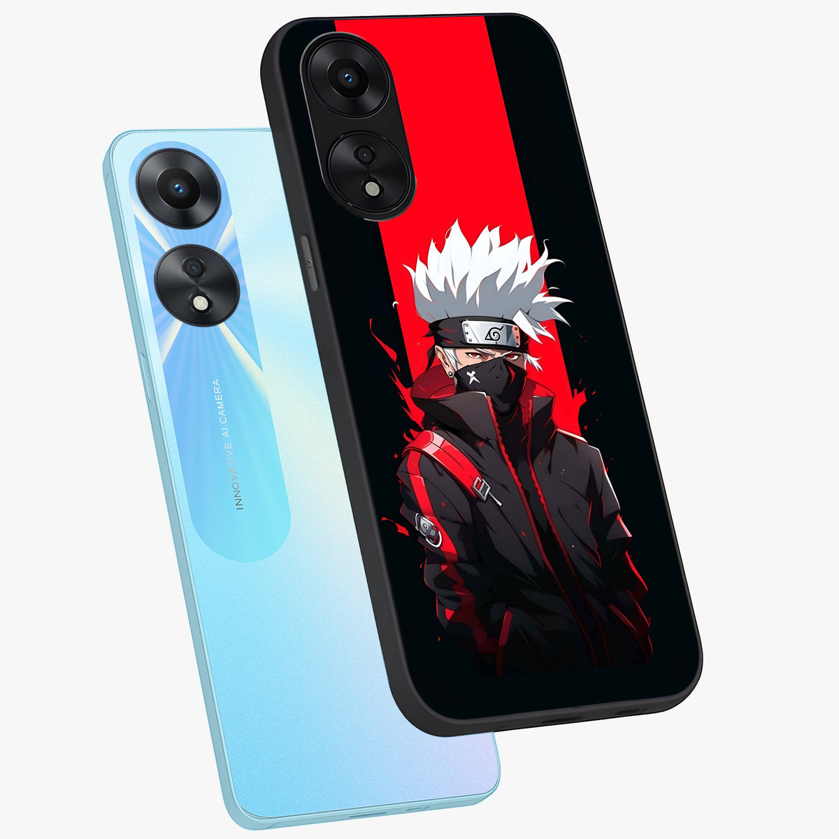 Kakashi Scarlet Shadow Glass Case displayed in angled mockup highlighting dramatic ninja illustration with scarlet themed aesthetic.