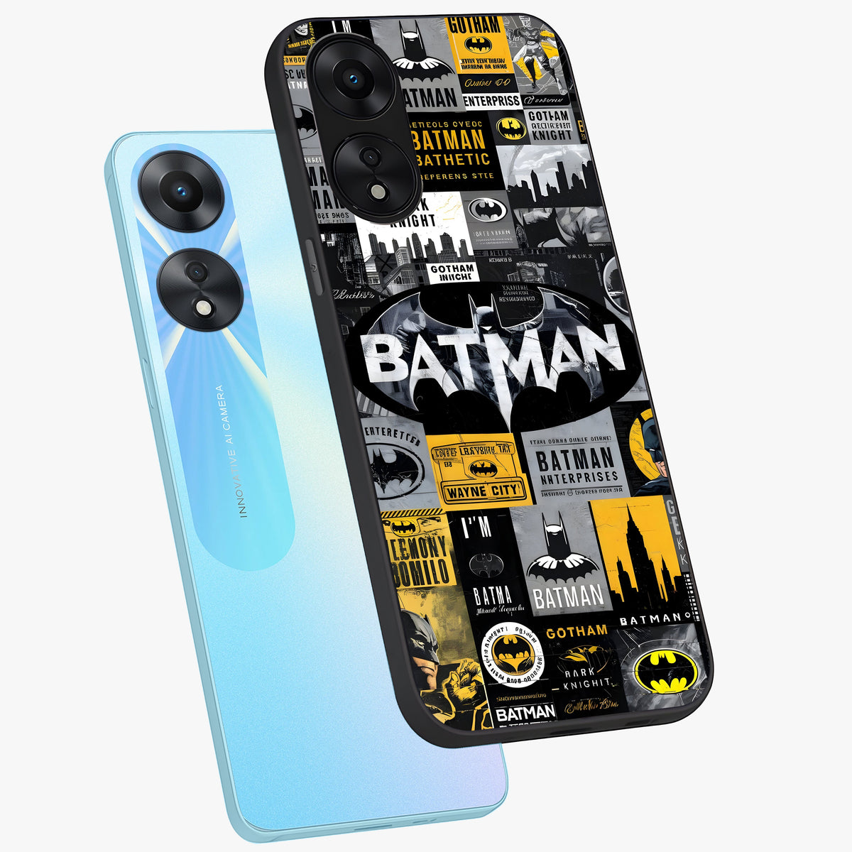 Knight Gotham Rise Glass Case displayed in angled mockup highlighting powerful knight silhouette design with dramatic aesthetic.