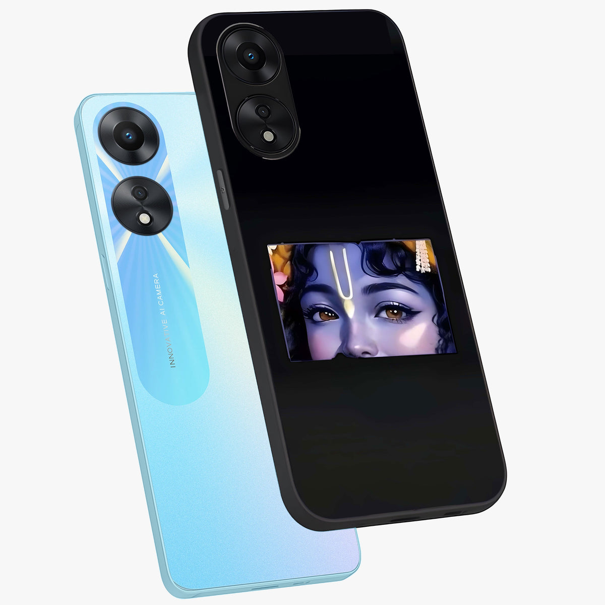 Krishna Divine Embrace Glass Case displayed in angled mockup highlighting divine Krishna illustration with spiritual aesthetic.