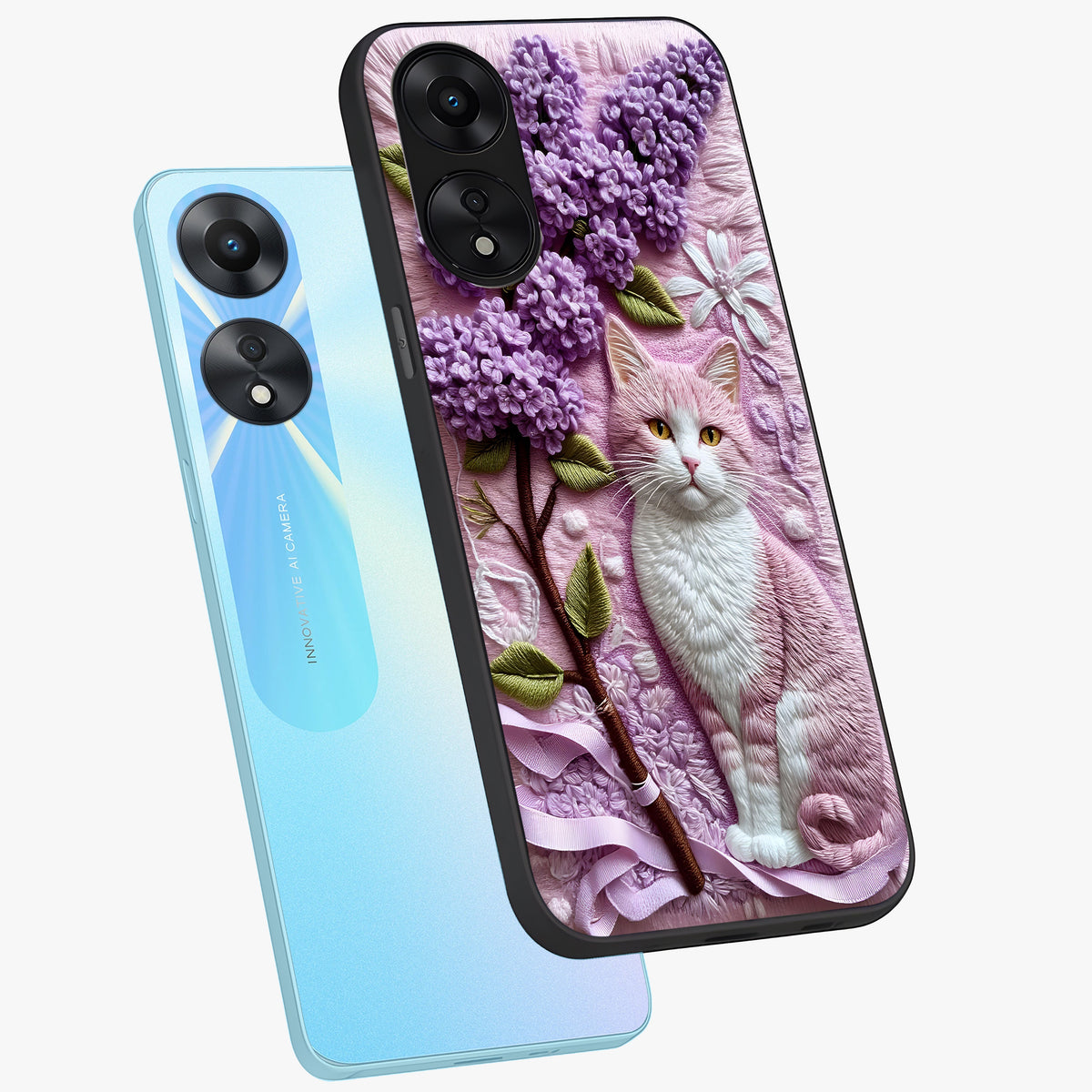 Lavender Cat Whimsy Glass Case displayed in angled mockup highlighting playful feline illustration with pastel lavender aesthetic.