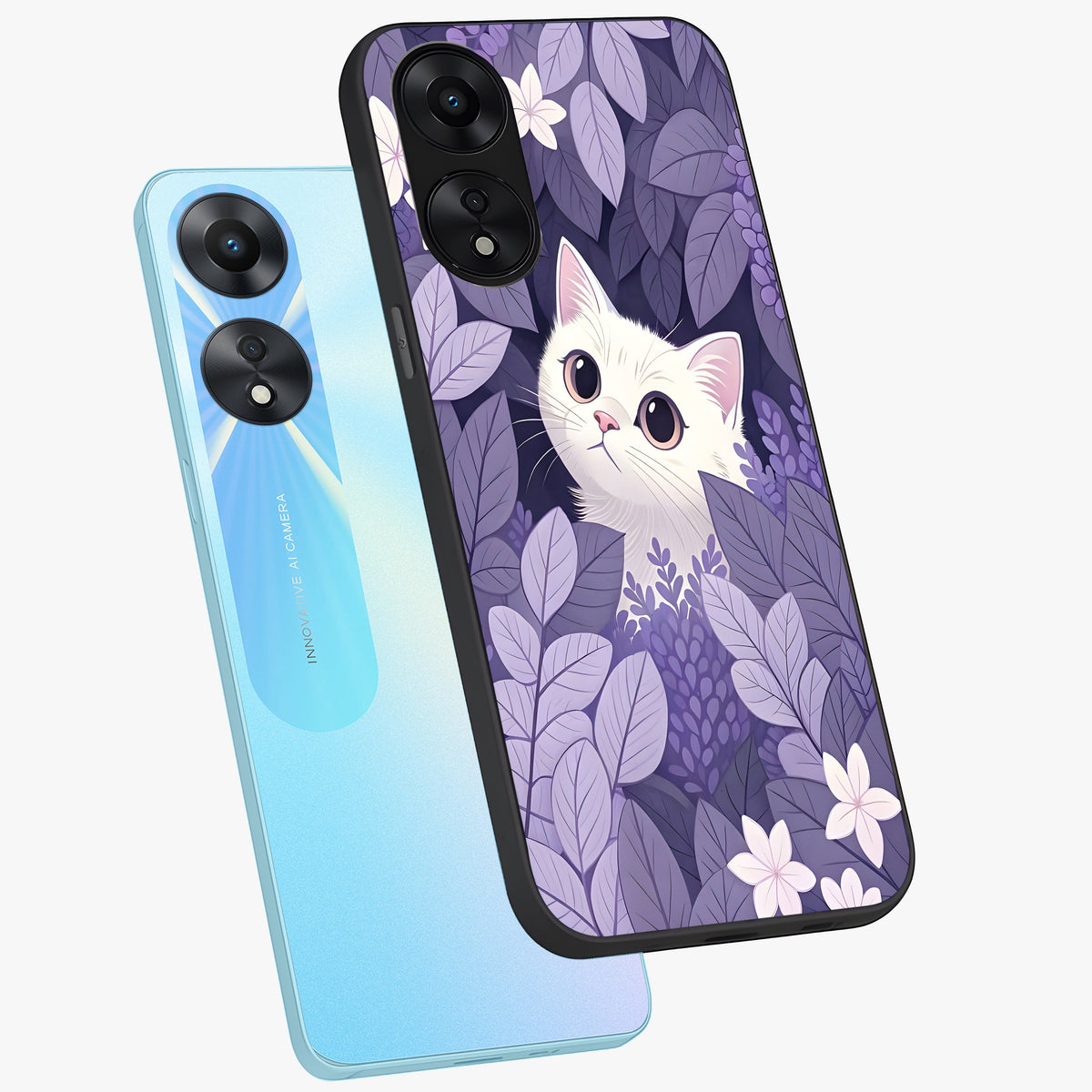 Lilac Hide Peek Cat Glass Case displayed in angled mockup highlighting playful feline illustration with lilac aesthetic design.