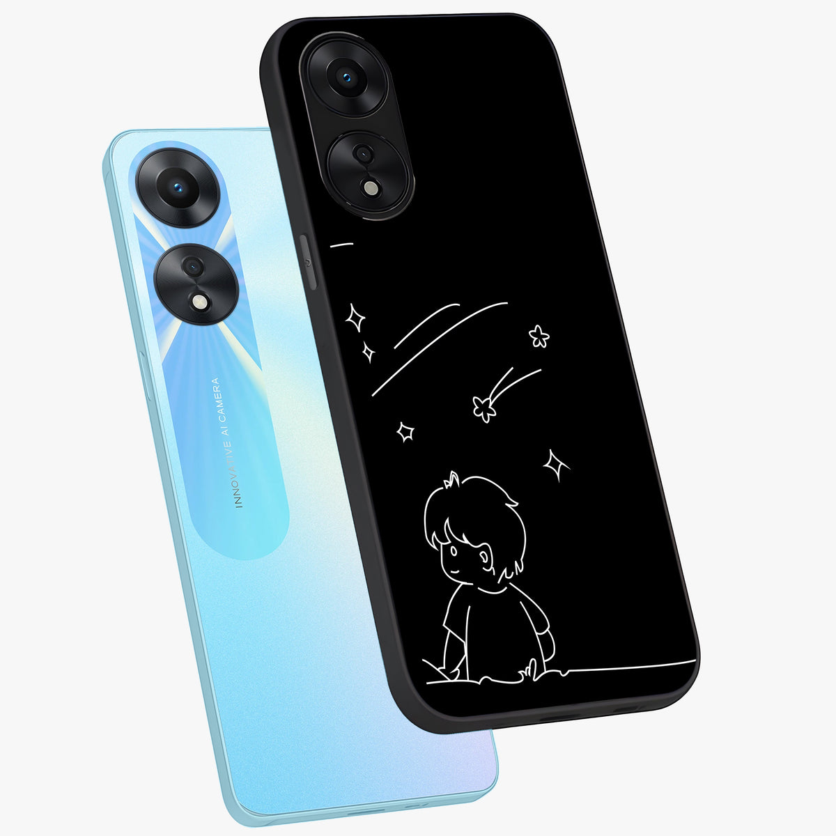 Line Art Boy With Shooting Stars Glass Case displayed in angled mockup highlighting elegant line art design with dreamy star aesthetic.