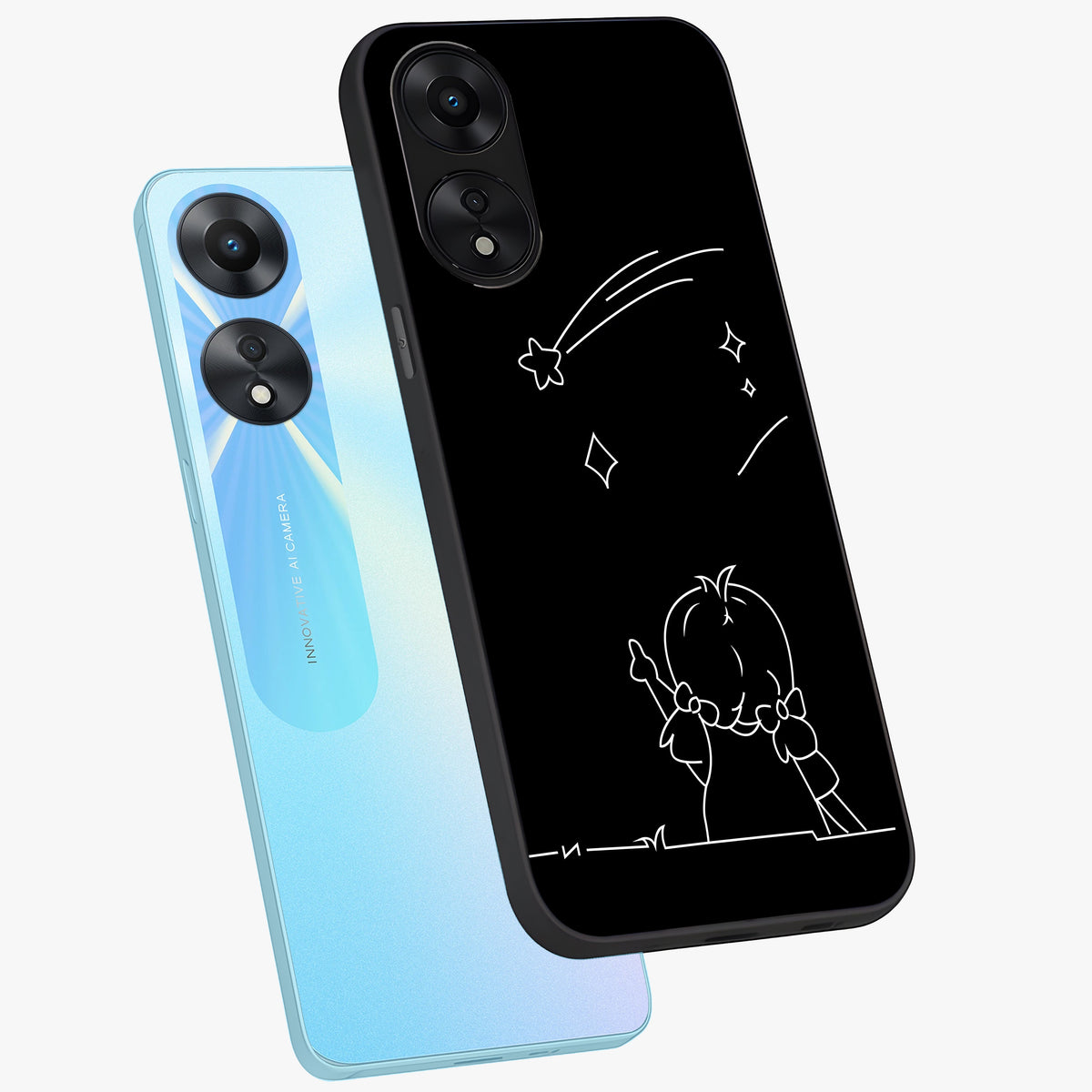 Line Art Girl With Shooting Stars Glass Case displayed in angled mockup highlighting elegant line art design with dreamy star aesthetic.