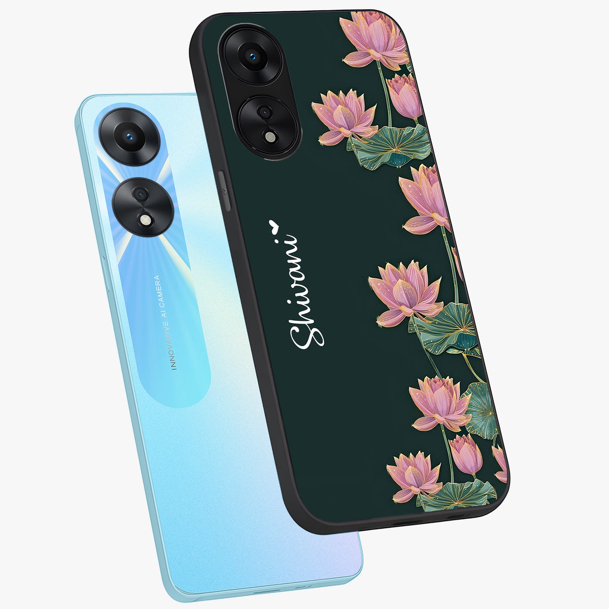 Lotus Bloom Serenity Custom Name Glass Case displayed in angled mockup highlighting graceful lotus illustration with custom name feature.