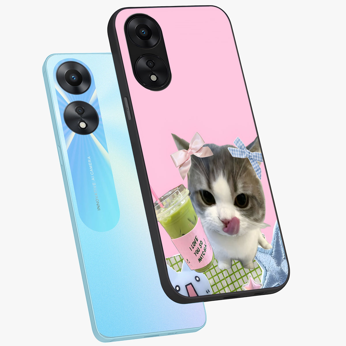 Love Matcha Cat Glass Case displayed in angled mockup highlighting playful feline illustration with cozy matcha aesthetic.