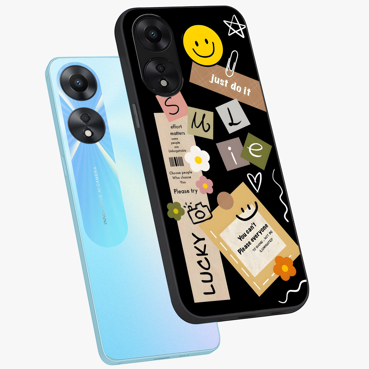 Lucky Aesthetic Collage Glass Case displayed in angled mockup highlighting stylish collage pattern with modern aesthetic vibe.
