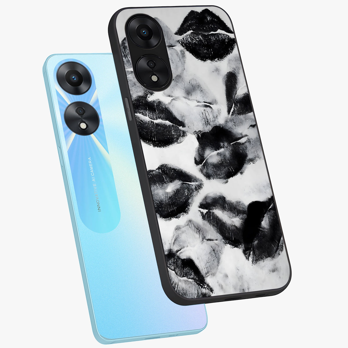 Midnight Kiss Marks Glass Case displayed in angled mockup highlighting playful romantic design with bold midnight aesthetic.