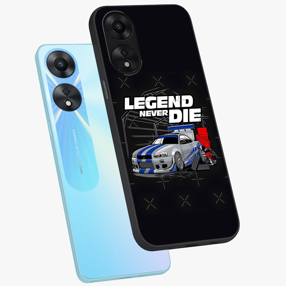 Midnight Racing Legacy Glass Case displayed in angled mockup highlighting dynamic automotive design with bold midnight aesthetic.
