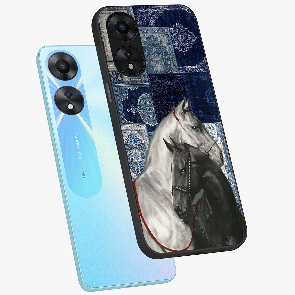 Midnight Stallion Blues Glass Case displayed in angled mockup highlighting powerful stallion illustration with deep midnight tones.