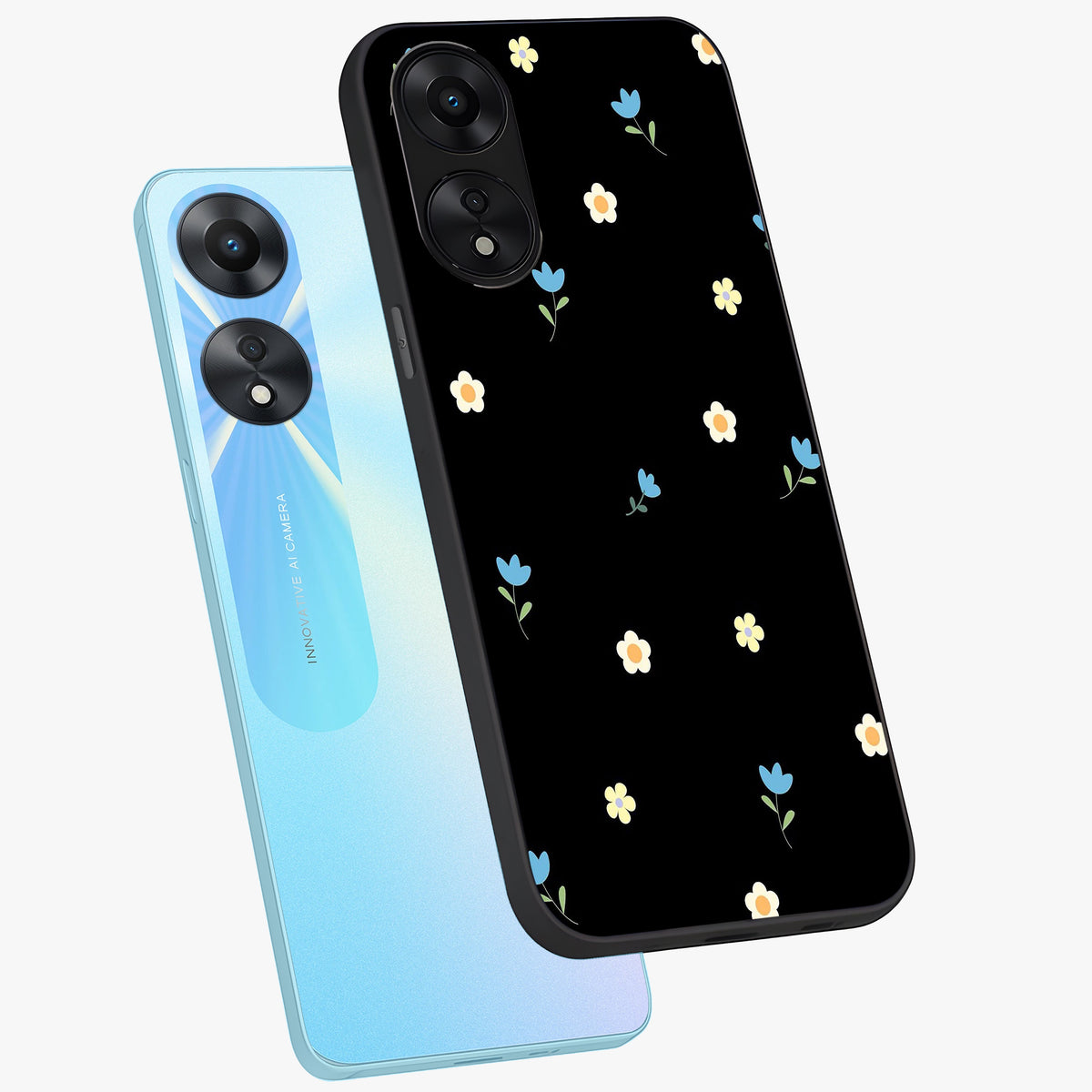 Minimal Petal Whispers Glass Case displayed in angled mockup highlighting delicate petal design with clean minimal aesthetic.
