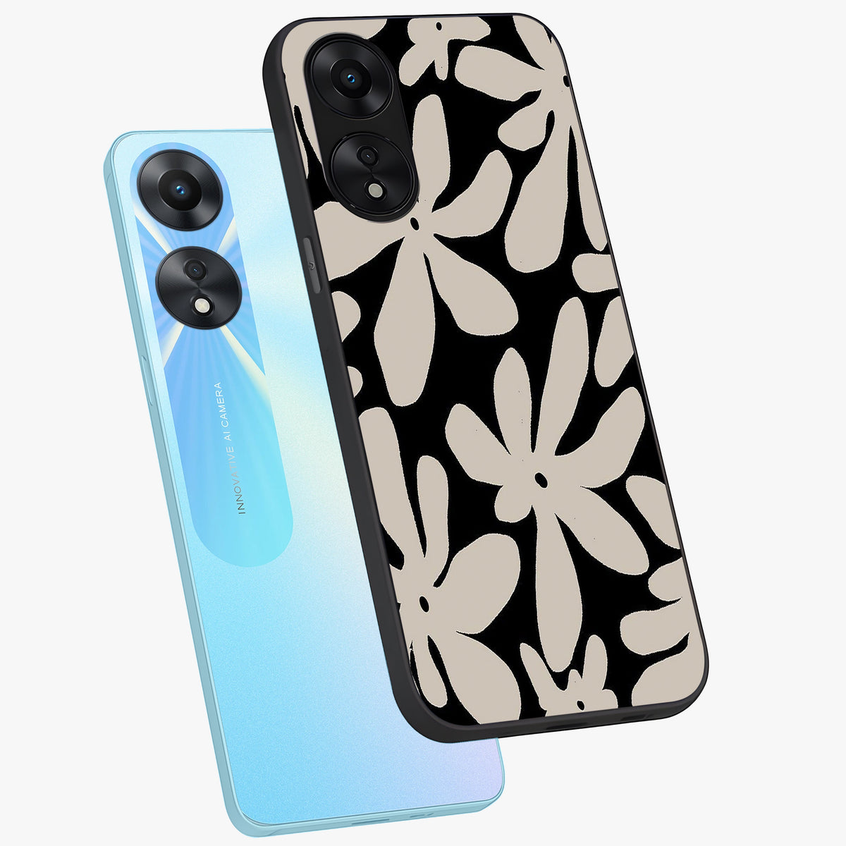 Monochrome Petal Dance Glass Case displayed in angled mockup highlighting elegant petal design with black and white aesthetic.