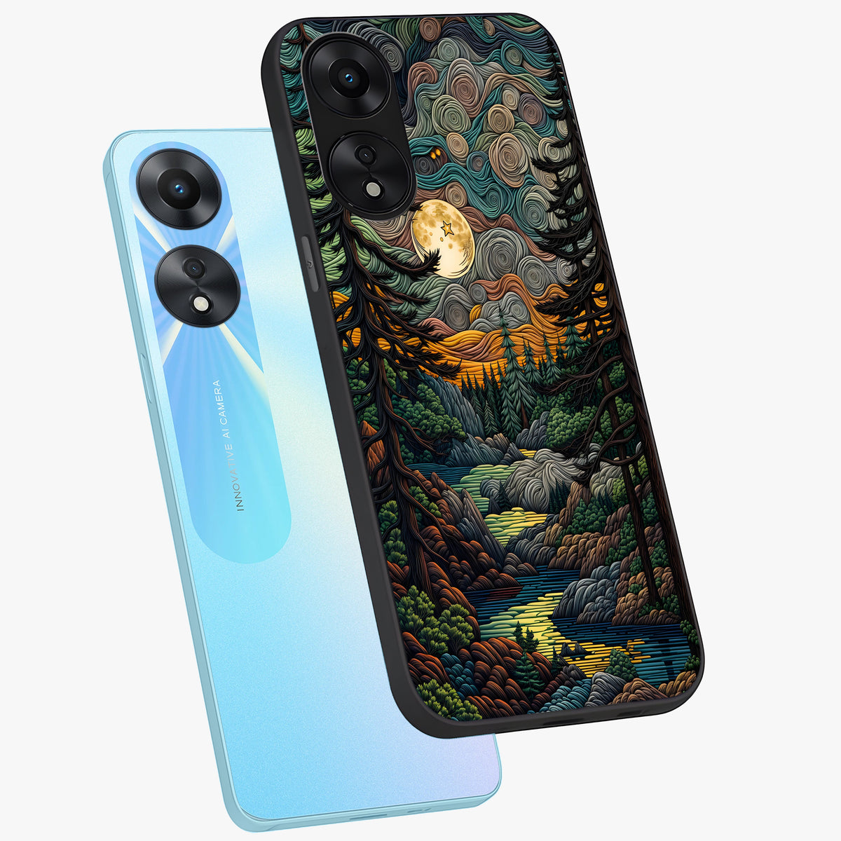 Moonlight Forest Dream Glass Case displayed in angled mockup highlighting dreamy forest design with glowing moon aesthetic.
