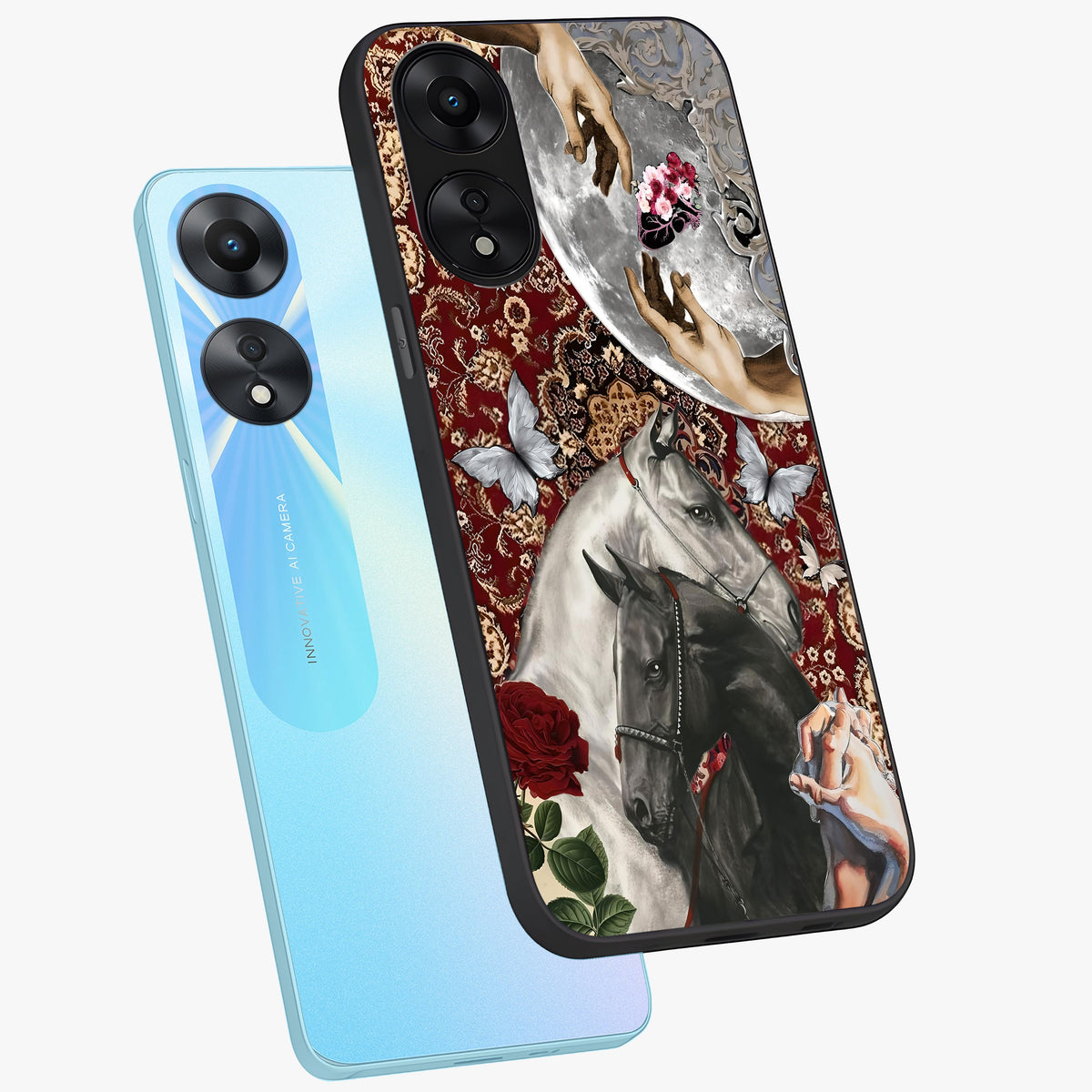 Moonlit Royal Stallion Glass Case displayed in angled mockup highlighting powerful stallion illustration with royal night aesthetic.