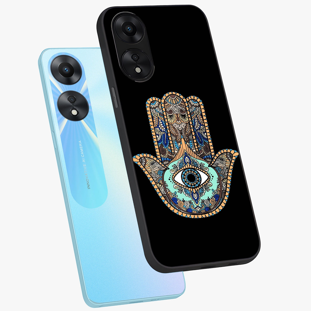 Mystic Hamsa Eye Glass Case displayed in angled mockup highlighting spiritual hamsa symbol with mystical aesthetic style.