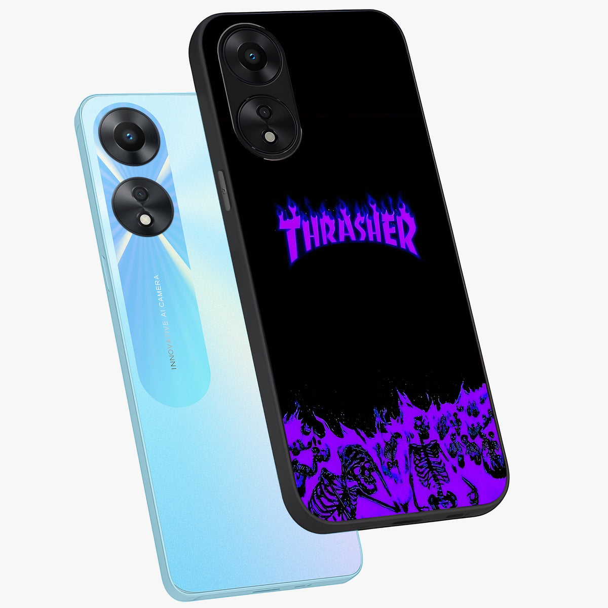 Neon Flame Riot Glass Case displayed in angled mockup highlighting glowing flame design with vibrant neon aesthetic.