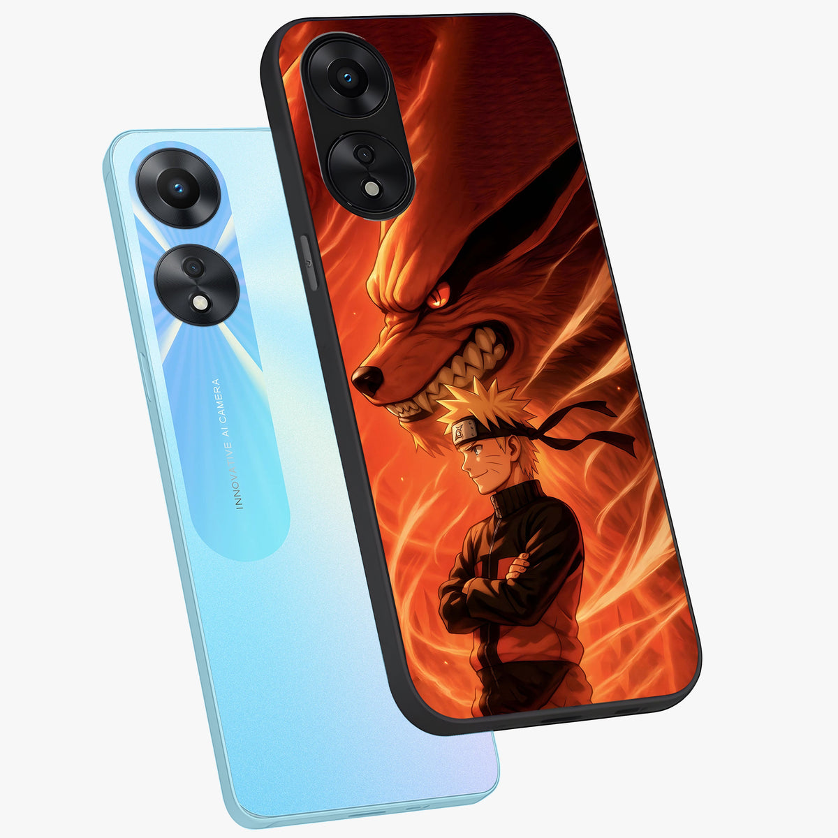 Nine Tails Legacy Glass Case displayed in angled mockup highlighting dynamic anime beast illustration with bold mystical aesthetic.