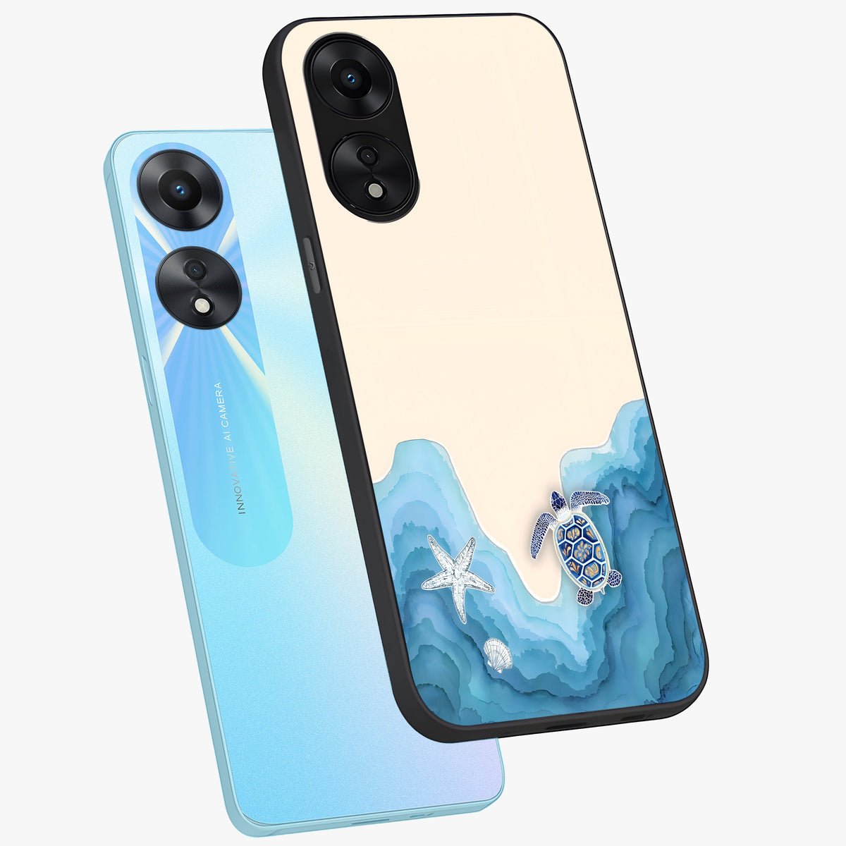 Ocean Drift Turtle Glass Case displayed in angled mockup highlighting peaceful ocean turtle illustration with marine aesthetic.