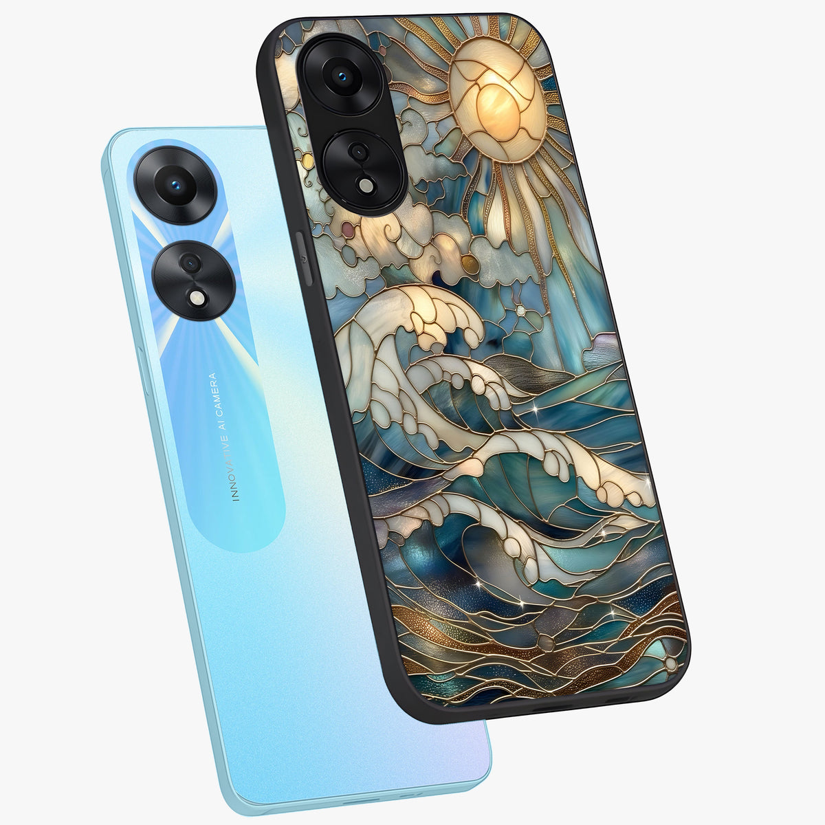 Oceanic Stained Printed Glass Case displayed in angled mockup highlighting colorful aquatic design with artistic aesthetic style.