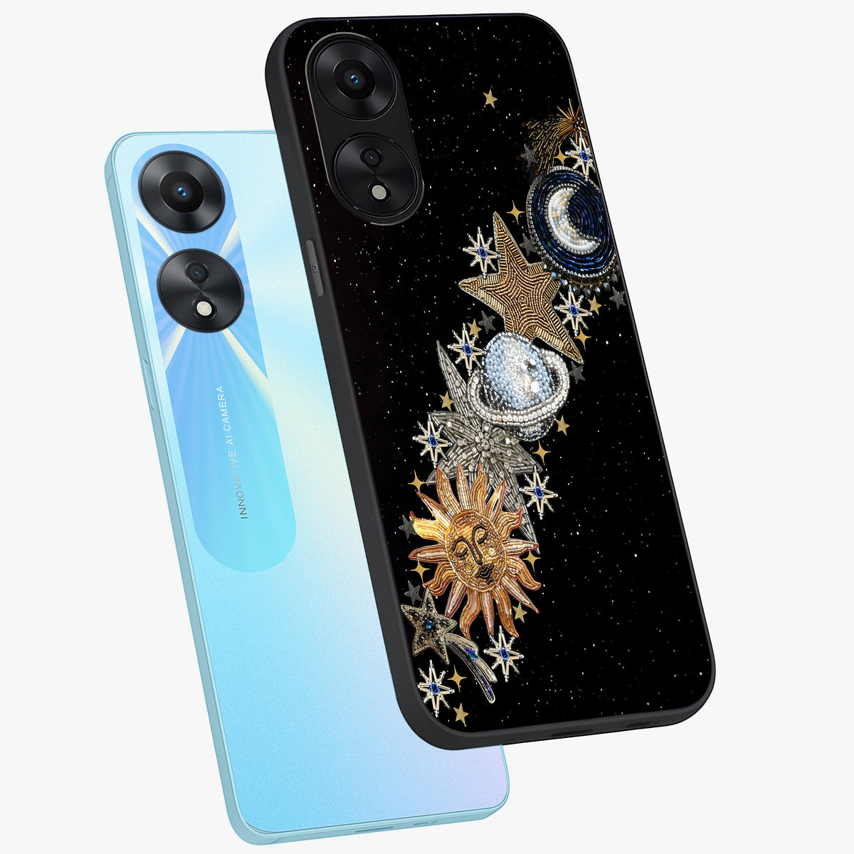 Pearls Universe Object Glass Case displayed in angled mockup highlighting celestial pearl design with dreamy aesthetic.