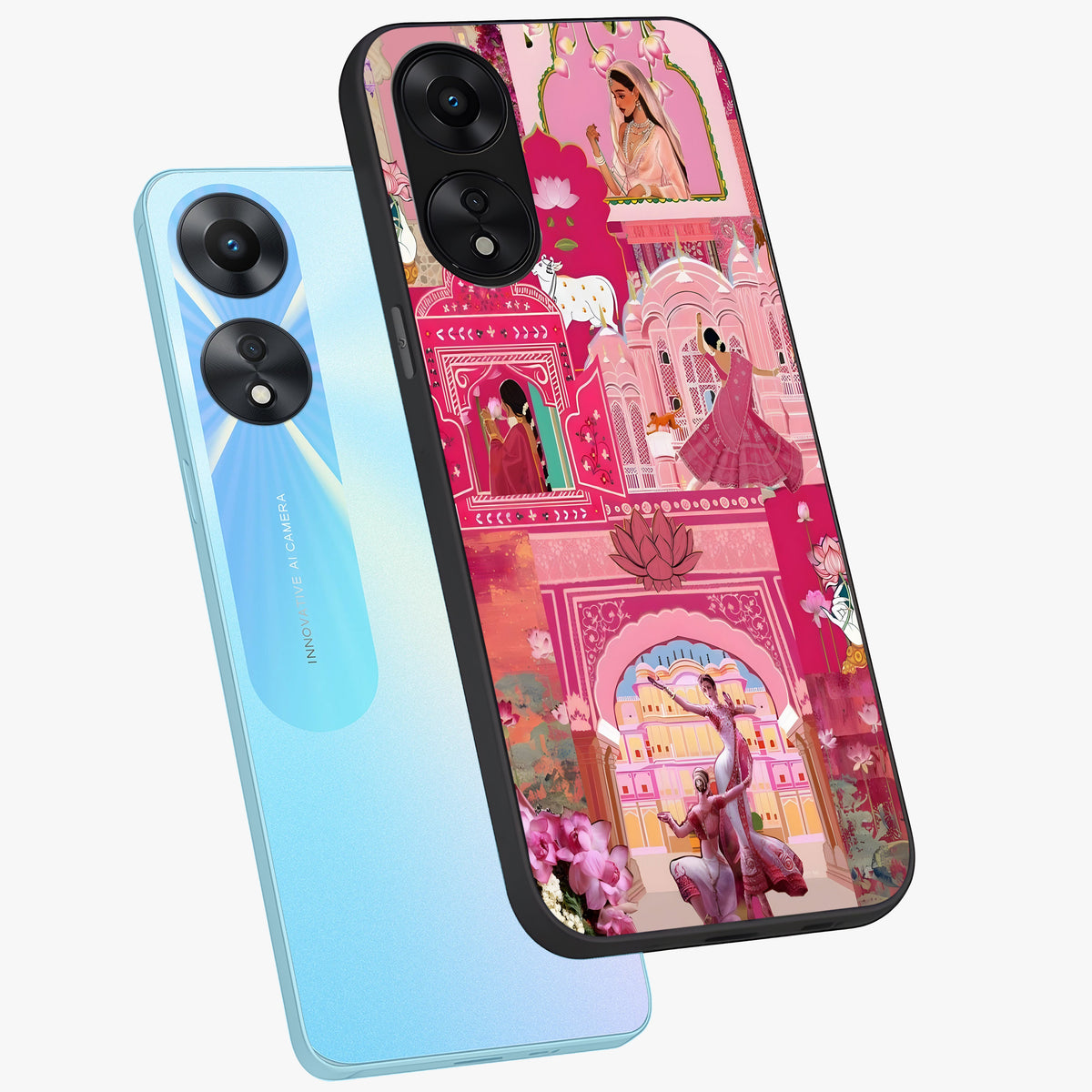 Pink Palace Muse Glass Case displayed in angled mockup highlighting dreamy palace illustration with soft pink aesthetic.