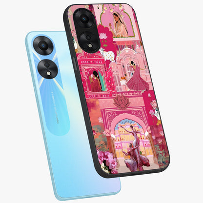 Pink Palace Muse Glass Case displayed in angled mockup highlighting dreamy palace illustration with soft pink aesthetic.