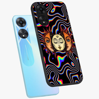 Psychedelic Sun Glass Case displayed in angled mockup highlighting vibrant abstract sun design with artistic aesthetic style.