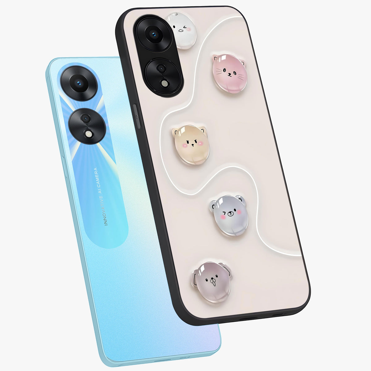 Puffy Face Parade Glass Case displayed in angled mockup highlighting playful cartoon face design with fun aesthetic.