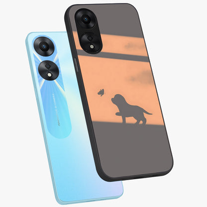 Puppy Shadow Art Glass Case displayed in angled mockup highlighting playful dog illustration with artistic shadow aesthetic.
