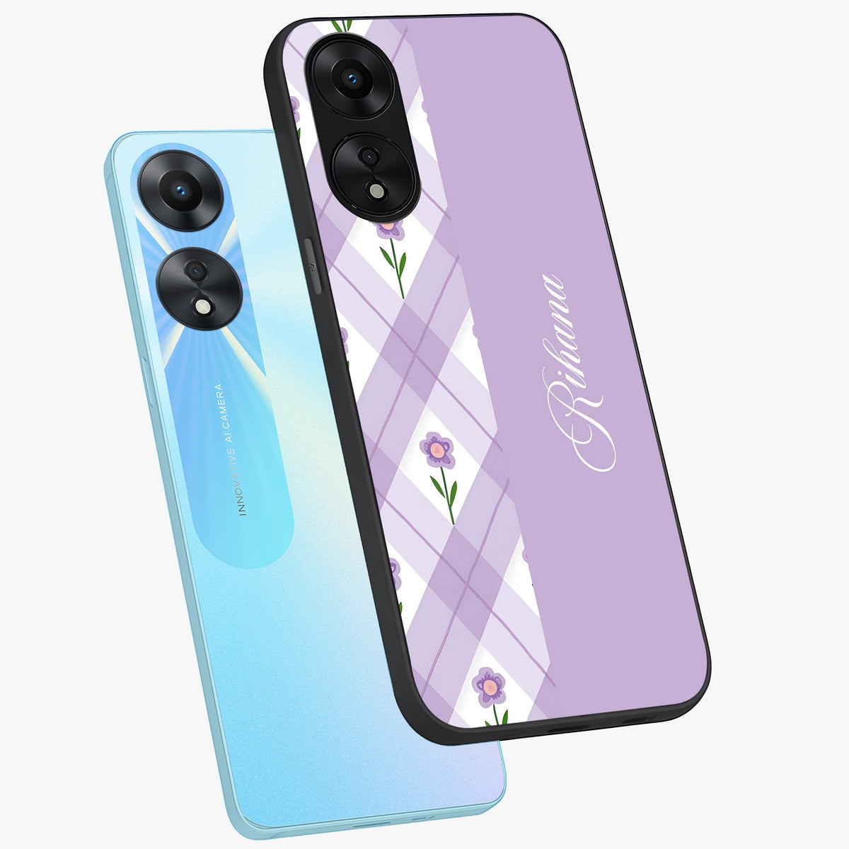 Purple Diamond Floral Glass Case displayed in angled mockup highlighting elegant purple flower design with decorative pattern.
