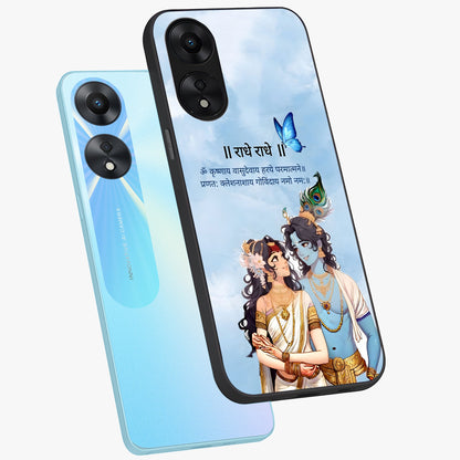 Radha Krishna Eternal Glass Case displayed in angled mockup highlighting divine Radha Krishna illustration with spiritual aesthetic.