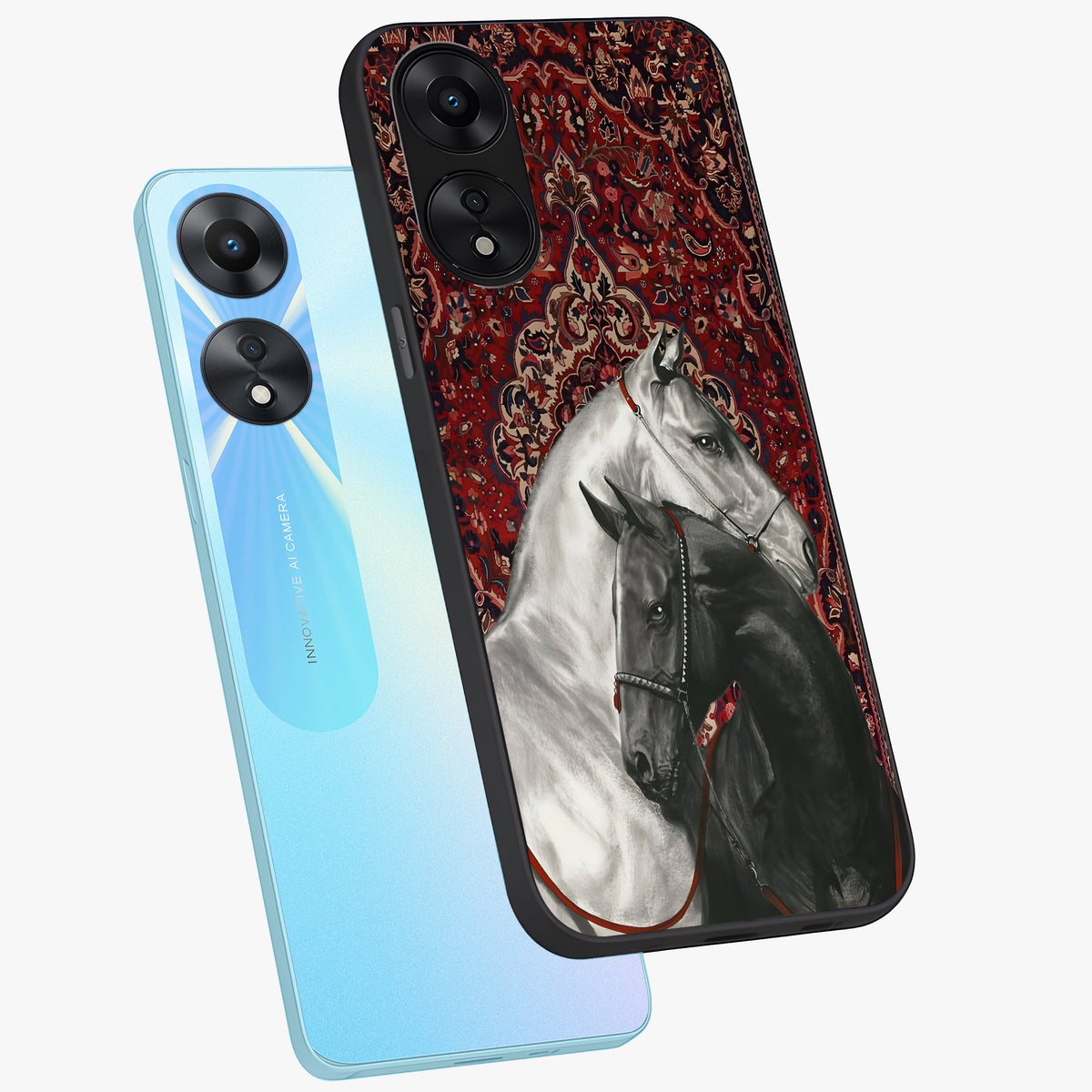 Regal Stallion Tapestry Glass Case displayed in angled mockup highlighting royal stallion design with decorative heritage aesthetic.