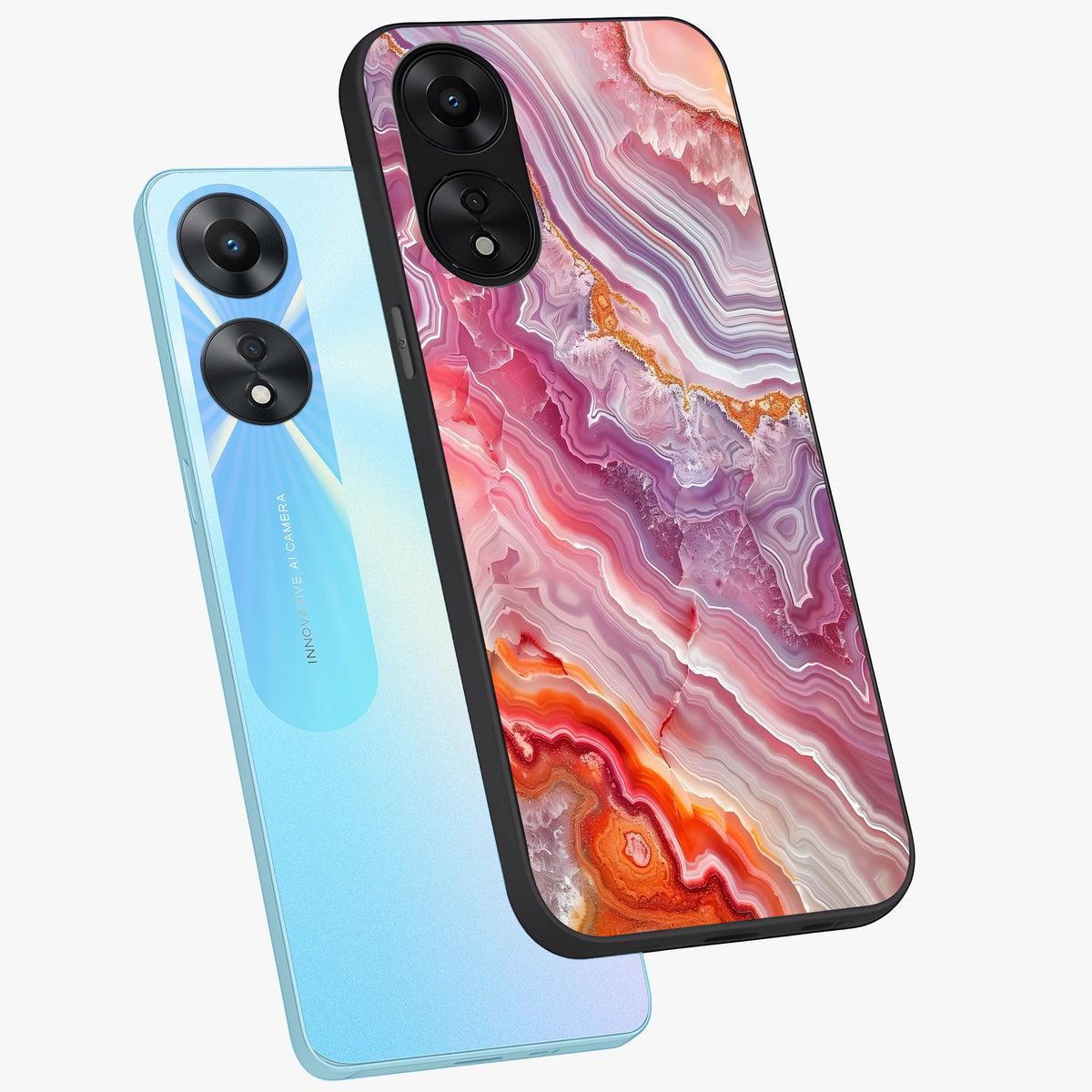 Rose Quartz Marble Glass Case displayed in angled mockup highlighting elegant marble pattern with soft aesthetic style.