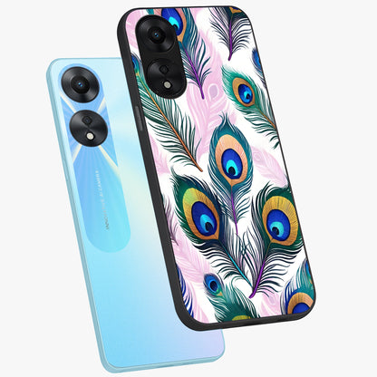 Royal Peacock Feathers Glass Case displayed in angled mockup highlighting vibrant feather pattern with regal aesthetic style.