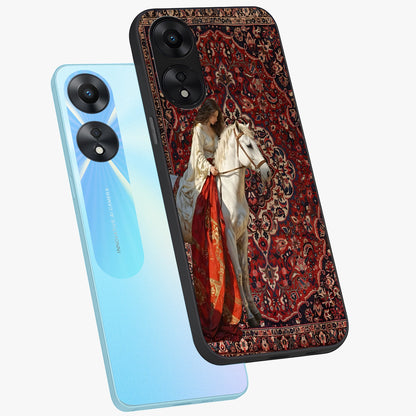 Royal Rider Tapestry Glass Case displayed in angled mockup highlighting traditional tapestry design with royal heritage aesthetic.