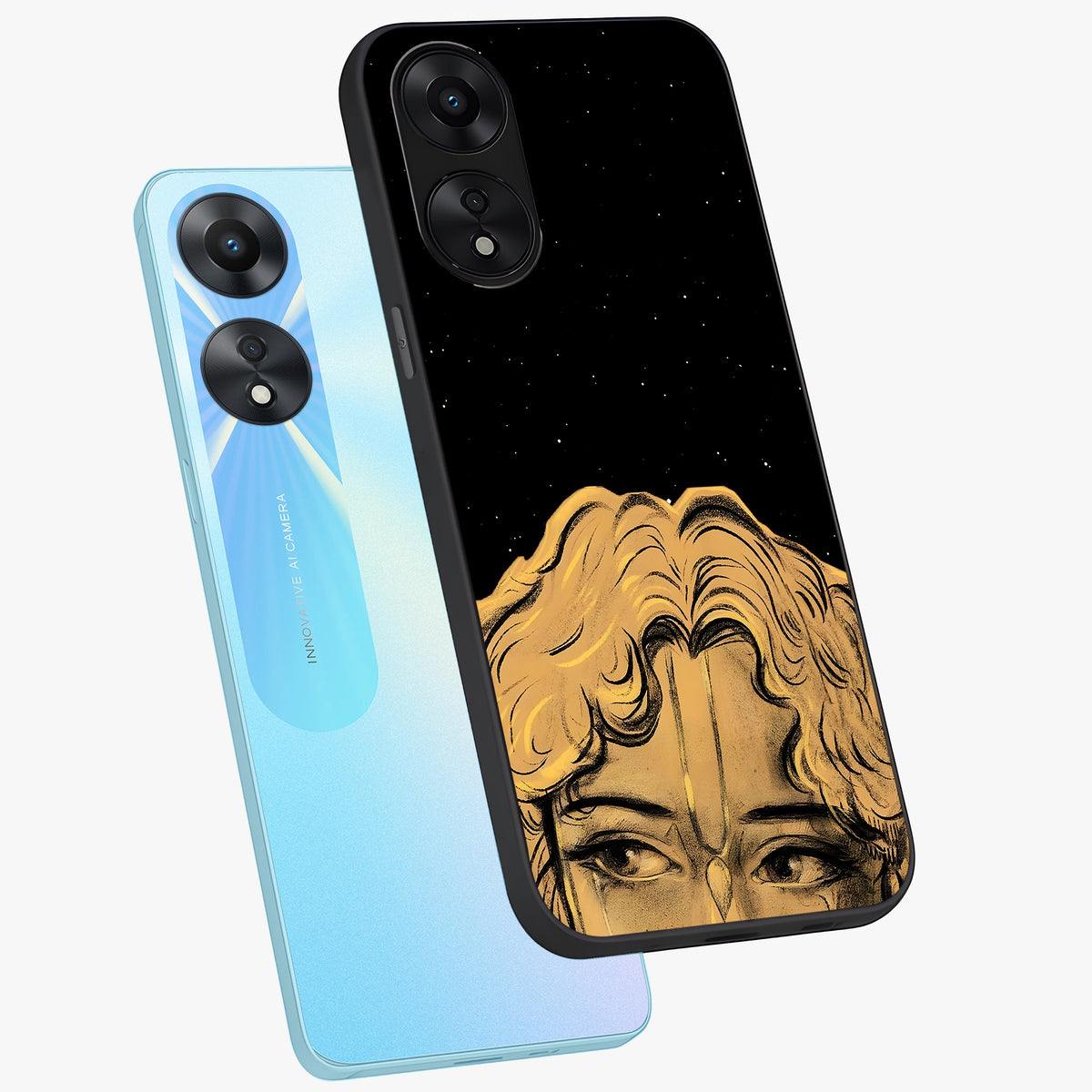 Shri Krishna Art Glass Case displayed in angled mockup highlighting spiritual Krishna illustration with divine aesthetic.