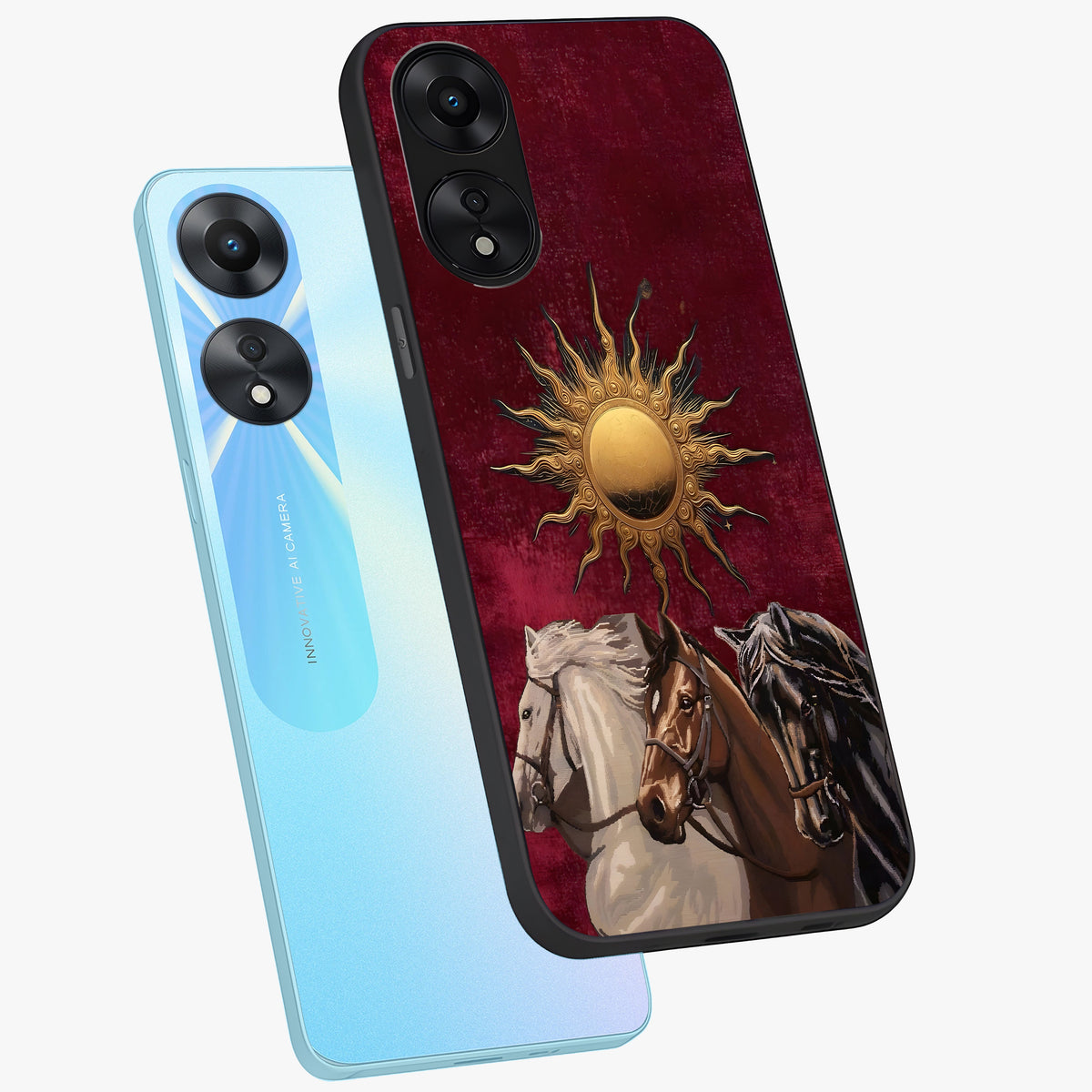 Solar Riders Glass Case displayed in angled mockup highlighting powerful rider illustration with radiant solar aesthetic.