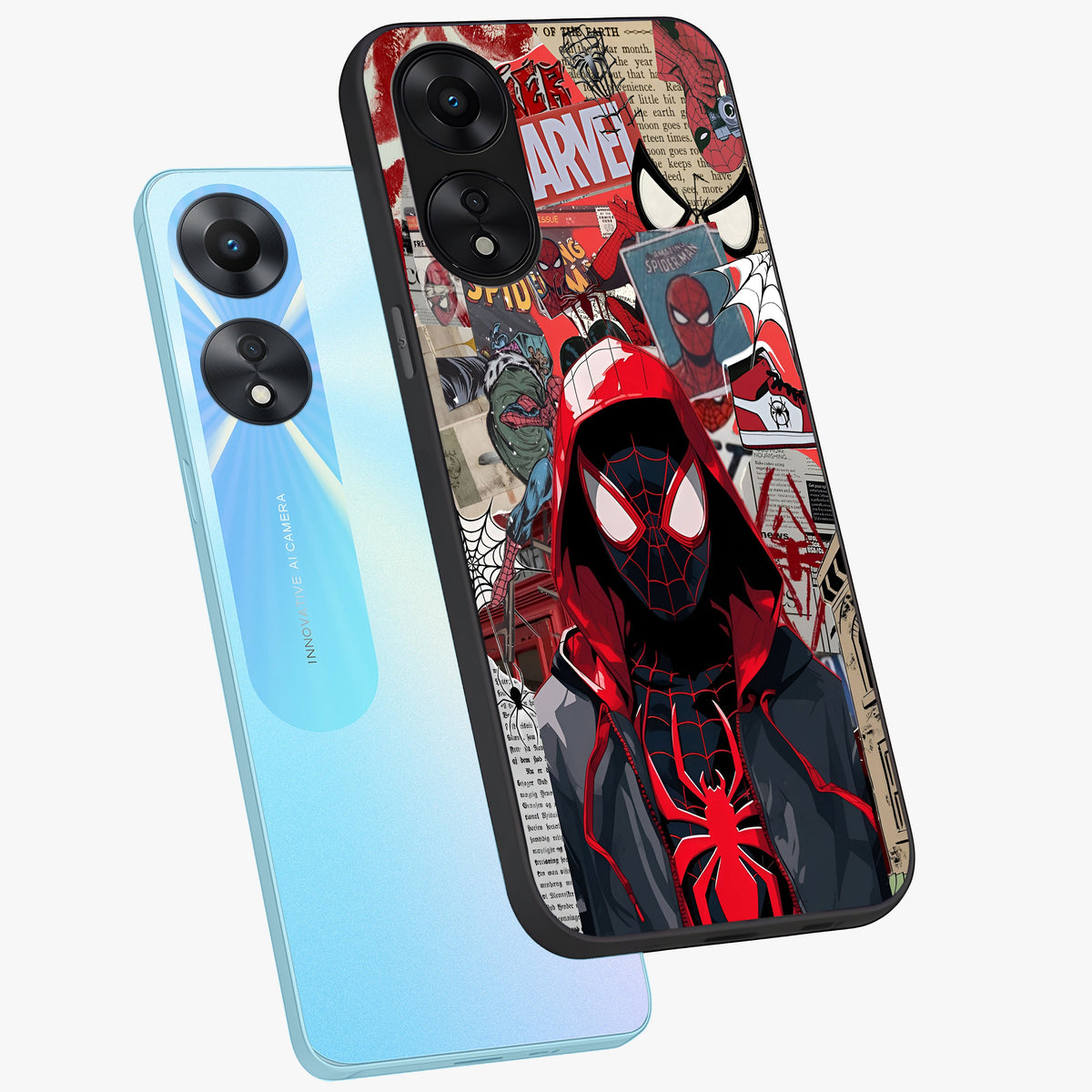 Spider Collage Street Glass Case displayed in angled mockup highlighting dynamic street style collage design with comic aesthetic.