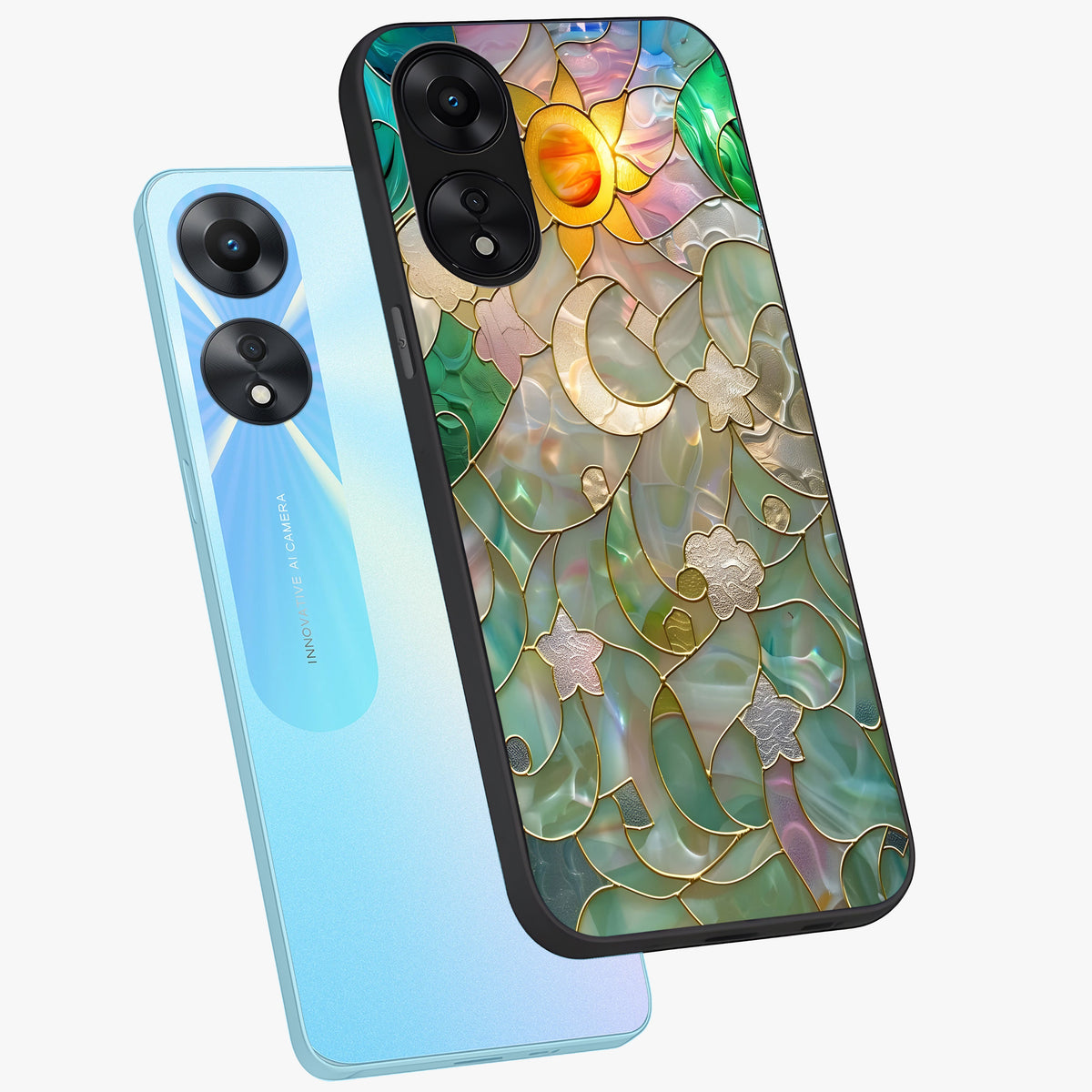 Stained Sunrise Glow Glass Case displayed in angled mockup highlighting radiant sunrise design with artistic aesthetic style.