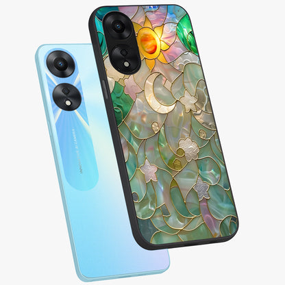 Stained Sunrise Glow Glass Case displayed in angled mockup highlighting radiant sunrise design with artistic aesthetic style.