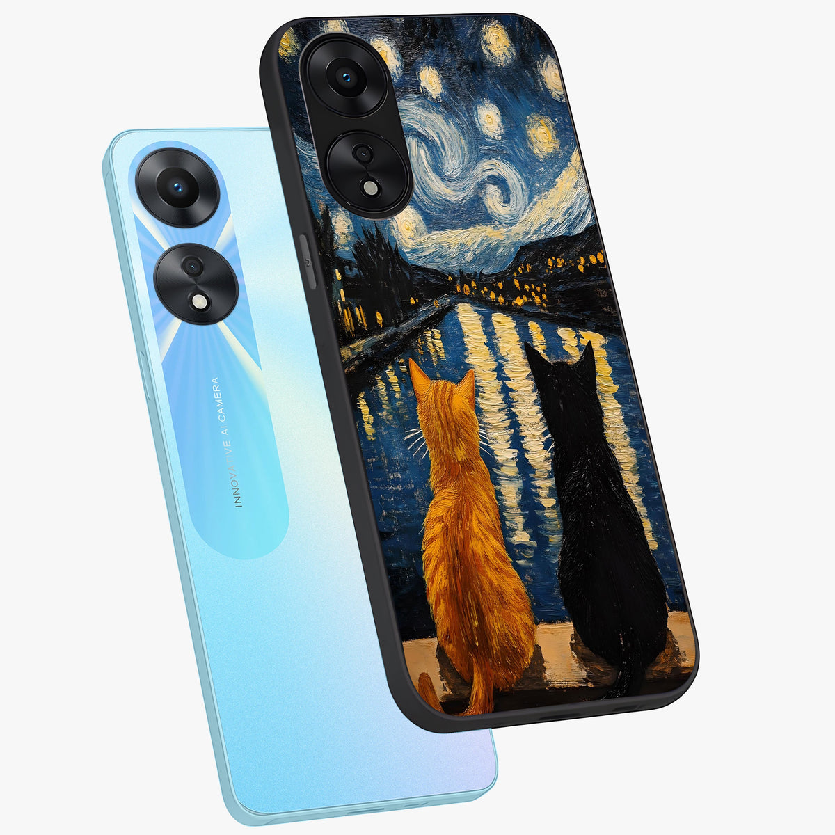 Starry River Cats Glass Case displayed in angled mockup highlighting charming feline illustration with dreamy night aesthetic.