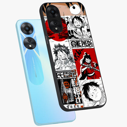 Strawhat Chaos Panels Glass Case displayed in angled mockup highlighting vibrant anime collage design with action aesthetic.
