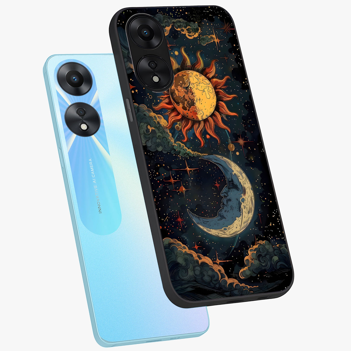 Sun And Moon Magic Design Glass Case displayed in angled mockup highlighting celestial design with magical cosmic aesthetic.