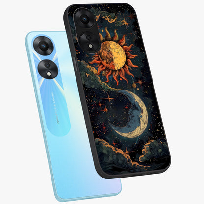Sun And Moon Magic Design Glass Case displayed in angled mockup highlighting celestial design with magical cosmic aesthetic.